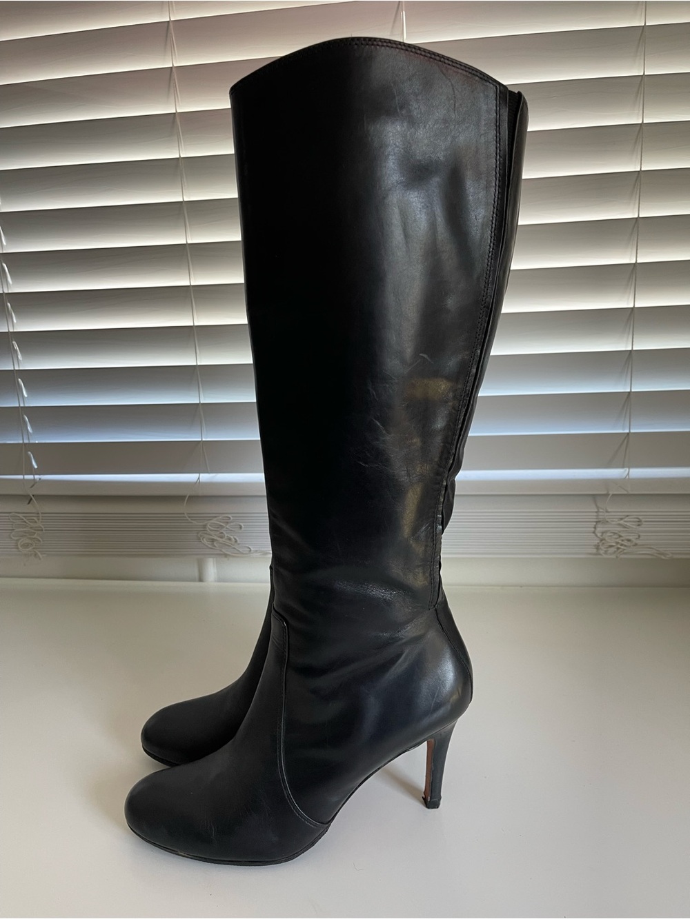 Lands’ End Black Leather Stiletto Boots Wide Calf Topy Soles Size 8.5